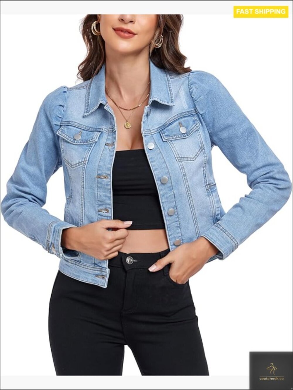 Cropped Denim Jacket Puff Sleeve Ripped Stretchy Lightweight Y2K Chic Casual